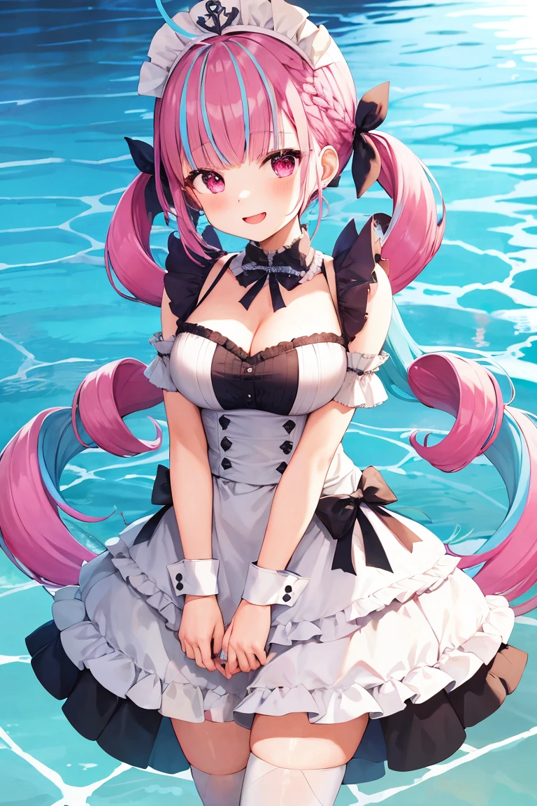 masterpiece、Highest quality、1 girl、Virtual YouTuber、Minato Akua、Multi-colored hair、Twin tails、inner hair color、Two-tone hair、Drill Hair、Twin Drill、Ahoge、Ankle cuffs、Striped Hair、White ribbon、Cowboy Shot,smile,Open your mouth,Pool,Arms crossed,Cleavage,Maid Bikini