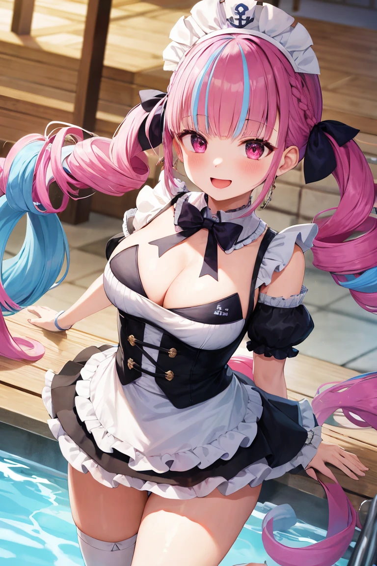 masterpiece、Highest quality、1 girl、Virtual YouTuber、Minato Akua、Multi-colored hair、Twin tails、inner hair color、Two-tone hair、Drill Hair、Twin Drill、Ahoge、Ankle cuffs、Striped Hair、White ribbon、Cowboy Shot,smile,Open your mouth,Pool,Arms crossed,Cleavage,Maid Bikini