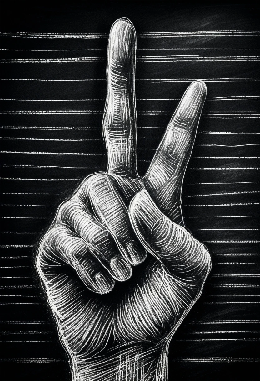 Hand showing middle finger gesture, sketching, drawing with white chalk on black board background. Detailed textures and lines, realistic style.