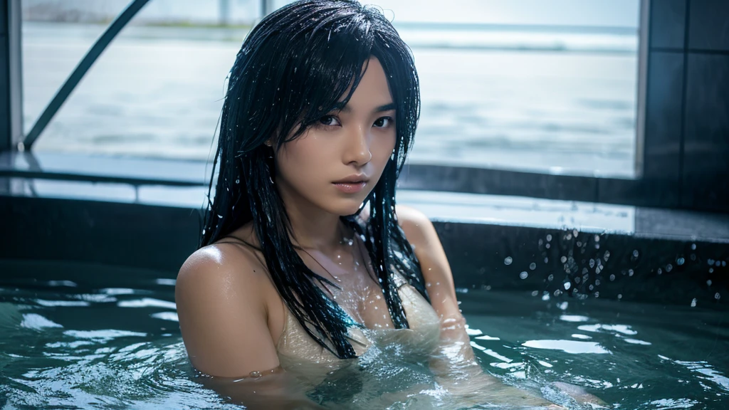 Anime girl with long black hair and golden eyes bathing in a hot spring