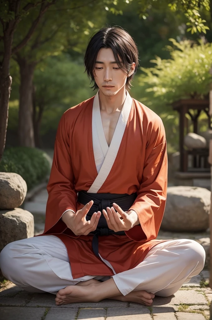 I want art with anime features, there is 1 man sitting in oriental clothes and he is meditating the art of cultivating martial arts 