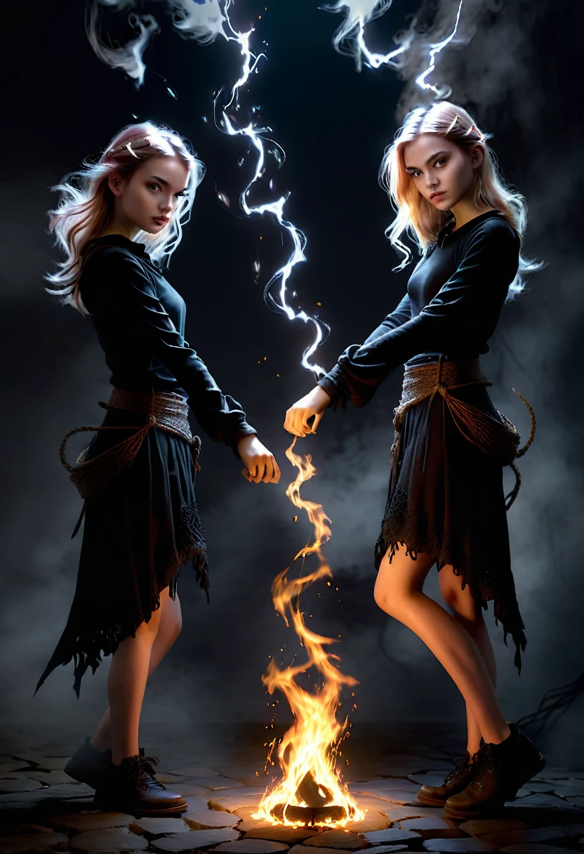 Portrait of two girls, unravel,Cast A Spell and Rangebender, Beautiful dynamic dramatic dark moody lighting, shadows, cinematic atmosphere, Artstation trending, concept design art, octane render, 8K, masterpiece, sharp focus, hyperrealistic