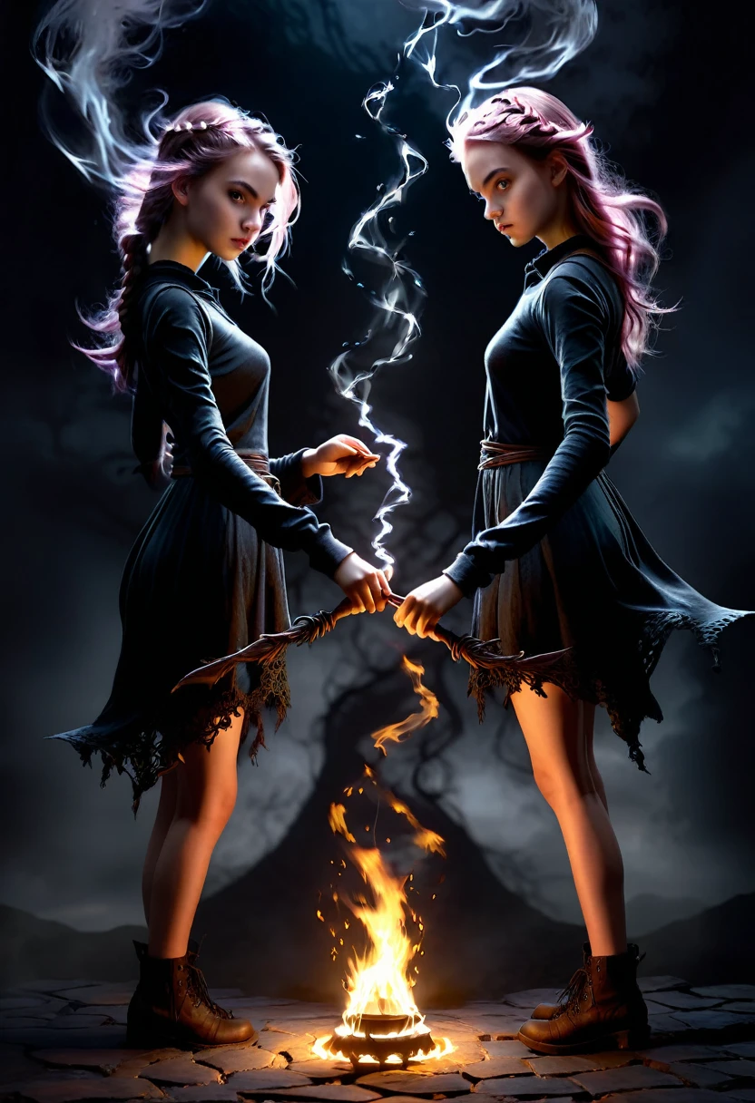 Portrait of two girls, unravel,Cast A Spell and Rangebender, Beautiful dynamic dramatic dark moody lighting, shadows, cinematic atmosphere, Artstation trending, concept design art, octane render, 8K, masterpiece, sharp focus, hyperrealistic