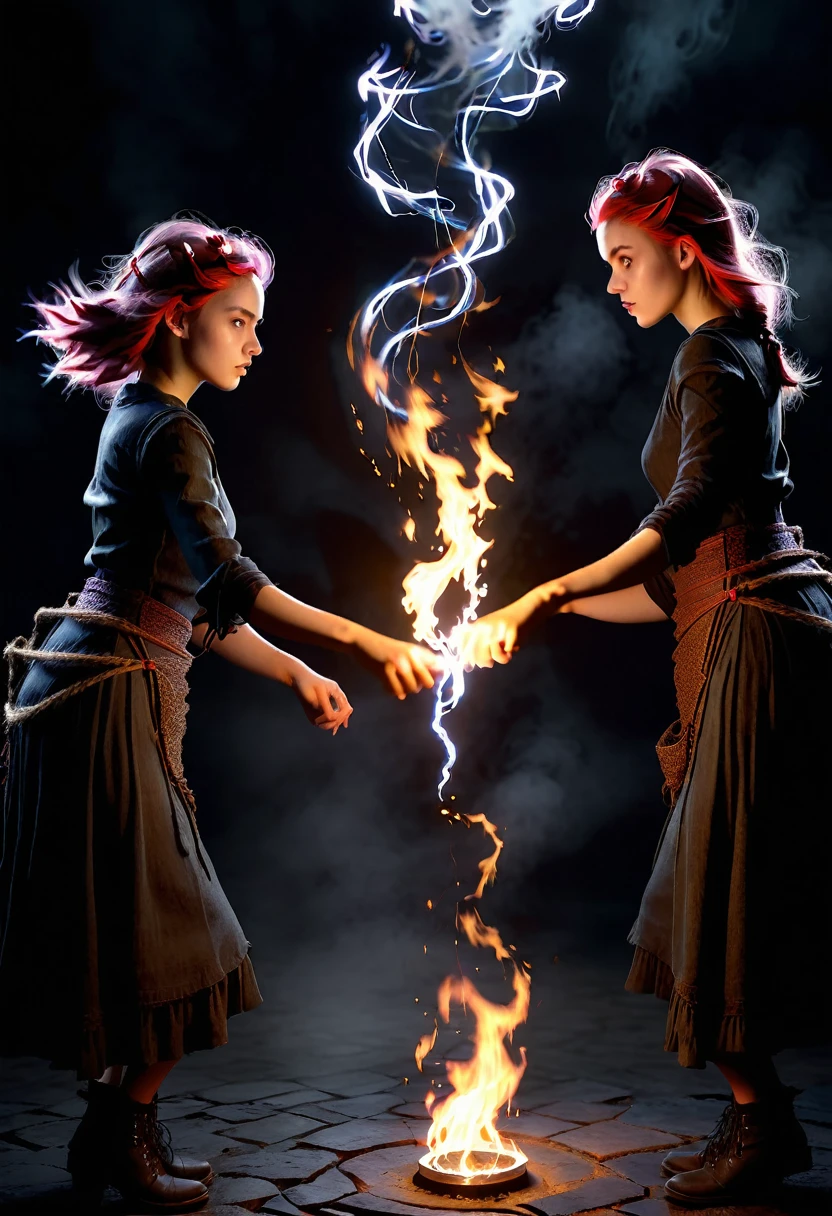 Portrait of two girls, unravel,Cast A Spell and Rangebender, Beautiful dynamic dramatic dark moody lighting, shadows, cinematic atmosphere, Artstation trending, concept design art, octane render, 8K, masterpiece, sharp focus, hyperrealistic