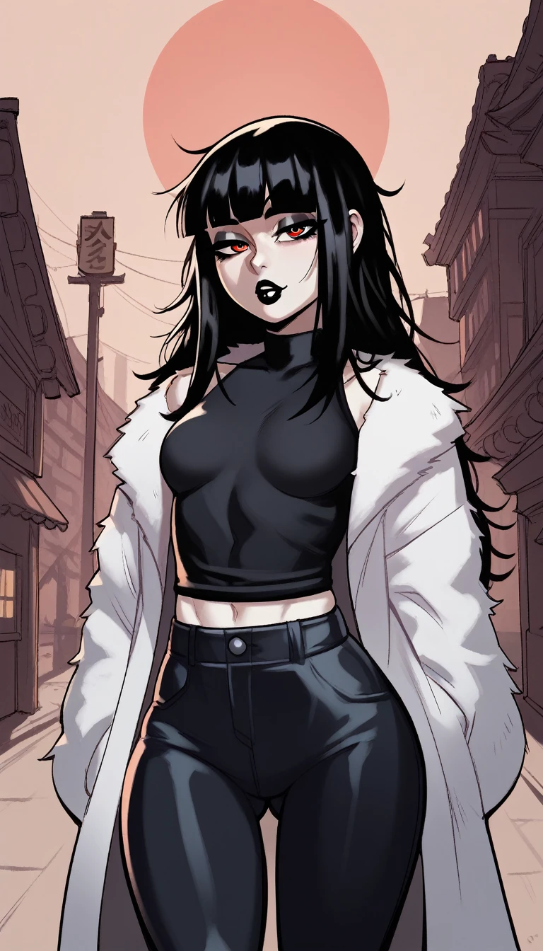 score_9, score_8_up, score_7_up, score_6_up, score_5_up, score_4_up, BREAK 1girl, black hair, messy hair, red eyes, seductive expression, blunt bangs, short, BREAK solo, small breasts, skinny, arched back, thigh gap, shrine maiden, white fur coat, innocent, lovely, adorable, long hair, hair covering one eye, dark mage, fully clothed, hibakama pants, hakui shirt, yakuza, city street background, black lipstick, Latina, Mexican,