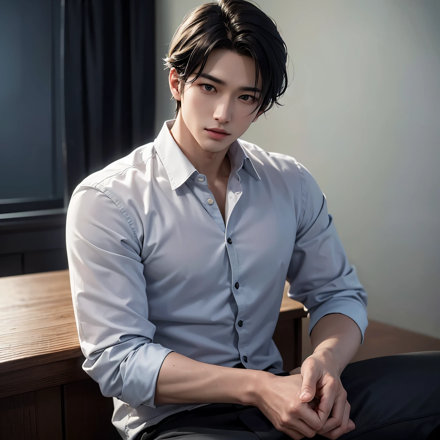 masterpiece,Highest quality,Attention to detail,1 male Japan,good looking,Sturdy yet sophisticated look,Fair skin with boy-next-door charm,Exact details,shirt,Written boundary depth,visual effects,Cinematic shots,Dark gray background
