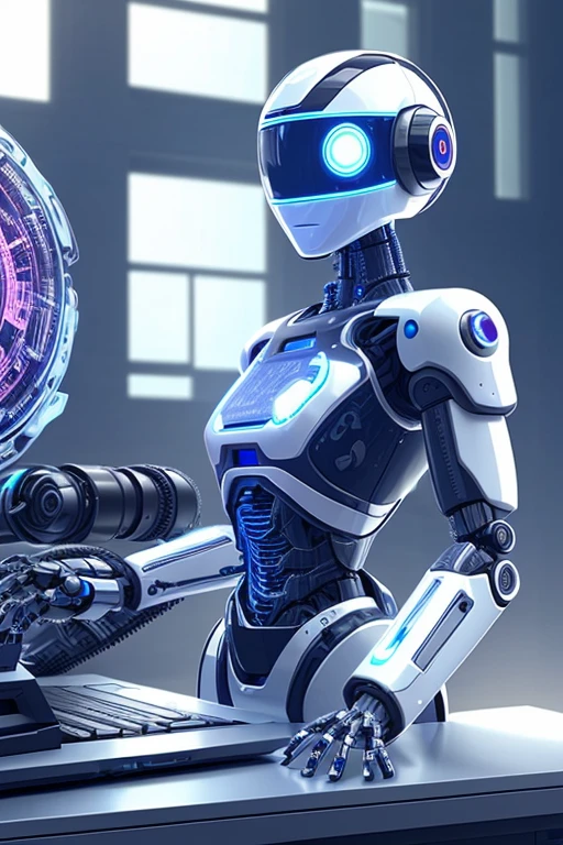 a robot working on a futuristic computer and in the background the gears of a machine