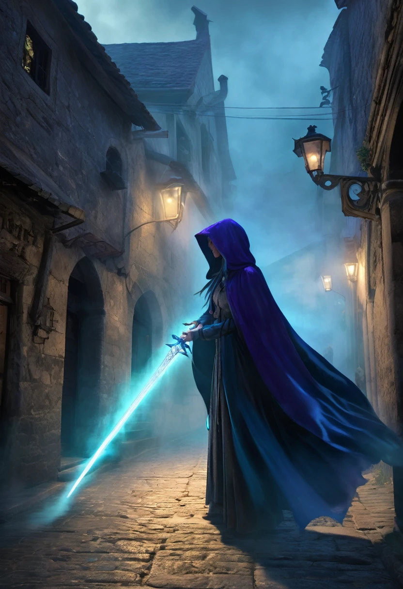 "A dark and mysterious scene set in a foggy, narrow alley of an ancient city. In the foreground, a female figure cloaked in a flowing, dark hooded robe stands with a glowing blue, ethereal sword. Her face is partially hidden by the hood, with long, flowing hair cascading down. The sword emits a powerful, magical blue aura. In the background, several shadowy figures with glowing purple eyes and similar cloaks are visible, adding to the eerie and mystical atmosphere. The setting is medieval, with old buildings lining the street and banners hanging above. The overall mood is tense and magical, with an air of secrecy and impending confrontation."