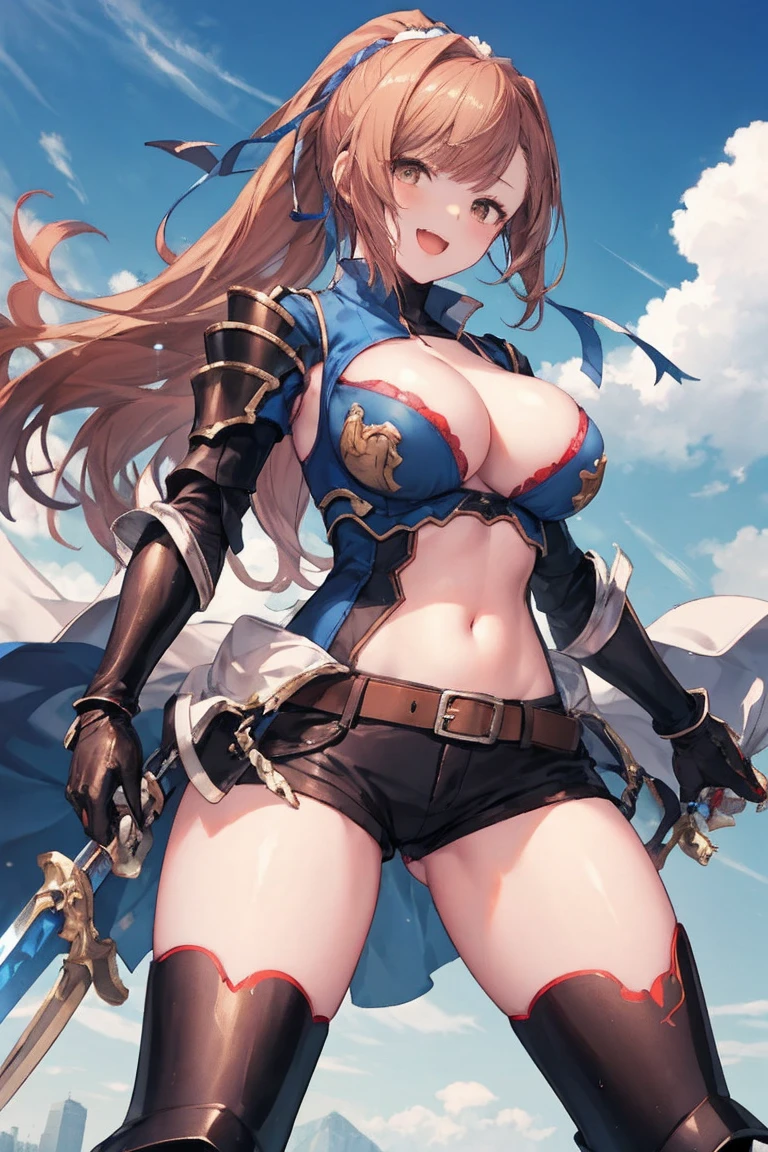masterpiece, best quality, defbeatrix, ponytail, hair ribbon, gauntlets, blue shirt, gloves, cleavage cutout, belt, short shorts, thigh boots, from below, looking at viewer, big_smile, large breasts, sky ,open_legs,happy,covered_nipples,covered_pussy,young_,open_mouth,shout,full_of_beans,dynamic_posing, fighting,open_legs,1long_sword,laugh,(abs:0.6)