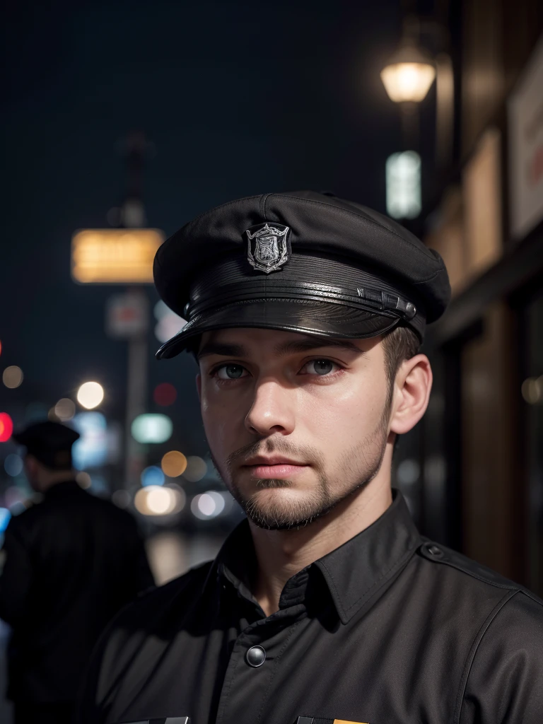 a short man, short light brown hair, light eyes, short beard, black security uniform with black cap, background patrolling the city at night