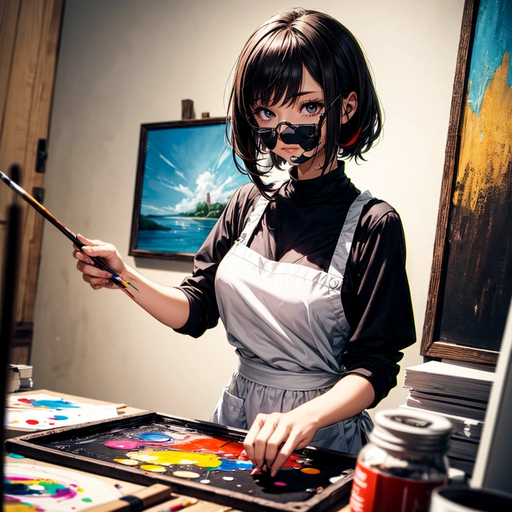 Base Layer (Setting): An art studio with large, primary-colored canvases on the walls, BREAK Middle Layer (Main Character): A girl with bold black eyeliner, holding a painter's palette, splashes of primary colors on her white apron, BREAK Foreground Layer (Additional Elements): Scattered paintbrushes and tubes of paint, BREAK Effect Layer (Focus): The intensity of her focus as she mixes a vivid red, BREAK Final Touches (Atmosphere): The creative chaos of the space, embodying the experimental nature of Godard's films.