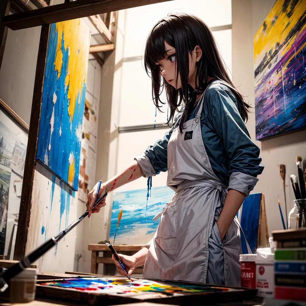 Base Layer (Setting): An art studio with large, primary-colored canvases on the walls, BREAK Middle Layer (Main Character): A girl with bold black eyeliner, holding a painter's palette, splashes of primary colors on her white apron, BREAK Foreground Layer (Additional Elements): Scattered paintbrushes and tubes of paint, BREAK Effect Layer (Focus): The intensity of her focus as she mixes a vivid red, BREAK Final Touches (Atmosphere): The creative chaos of the space, embodying the experimental nature of Godard's films.