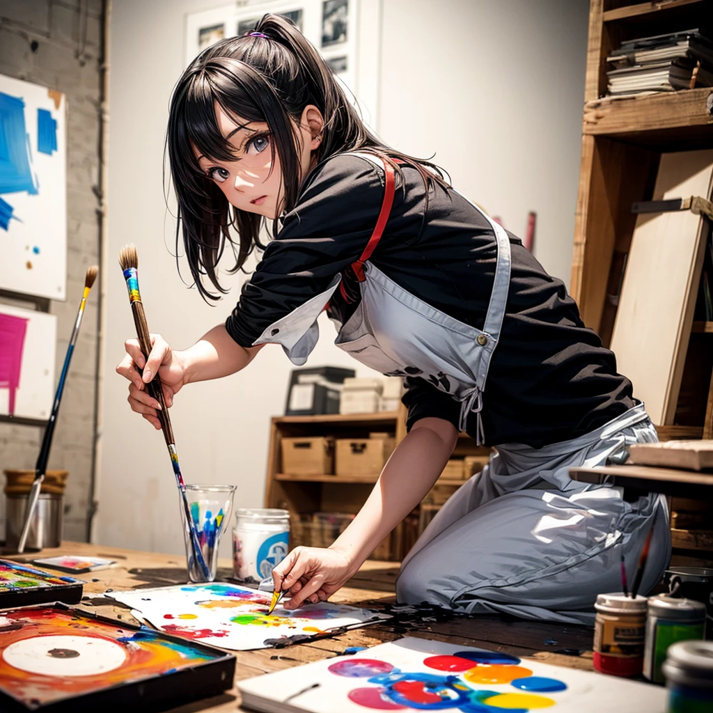 Base Layer (Setting): An art studio with large, primary-colored canvases on the walls, BREAK Middle Layer (Main Character): A girl with bold black eyeliner, holding a painter's palette, splashes of primary colors on her white apron, BREAK Foreground Layer (Additional Elements): Scattered paintbrushes and tubes of paint, BREAK Effect Layer (Focus): The intensity of her focus as she mixes a vivid red, BREAK Final Touches (Atmosphere): The creative chaos of the space, embodying the experimental nature of Godard's films.