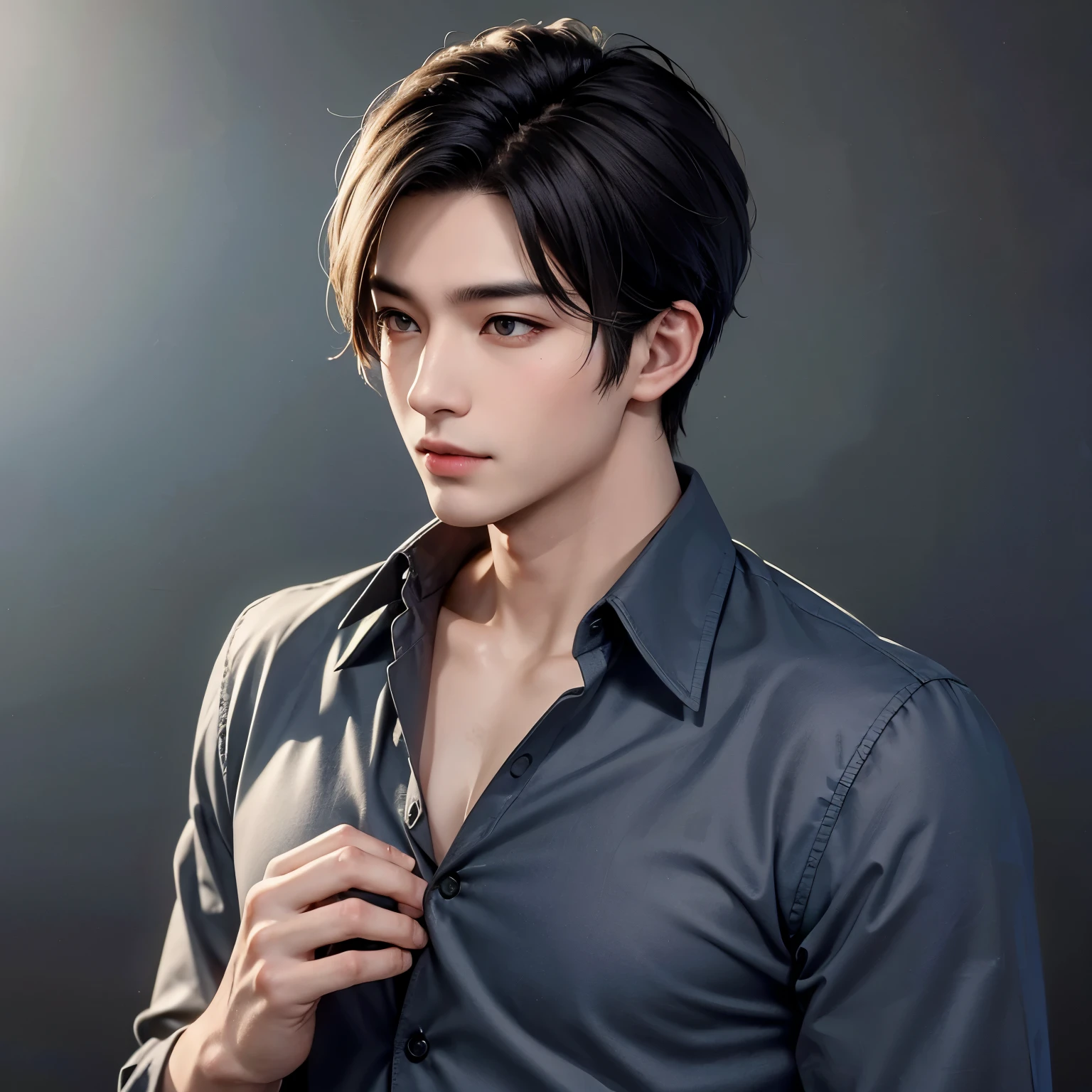 masterpiece,Highest quality,Attention to detail,1 male Japan,good looking,Sturdy yet sophisticated look,Fair skin with boy-next-door charm,Exact details,shirt,Written boundary depth,visual effects,Cinematic shots,Dark gray background