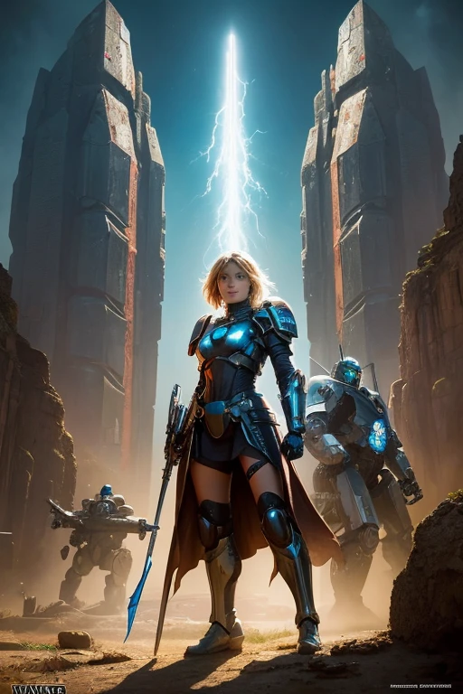 A woman stands in front of a giant robot, Inspired by Ken Kelly, Epic album cover, Imogen Poots as Paladin, Ralph Horsley Vivid Colours, The great princess of the wilderness, Skynet, Complex biopunk pattern, Warrior Queen, Kurul