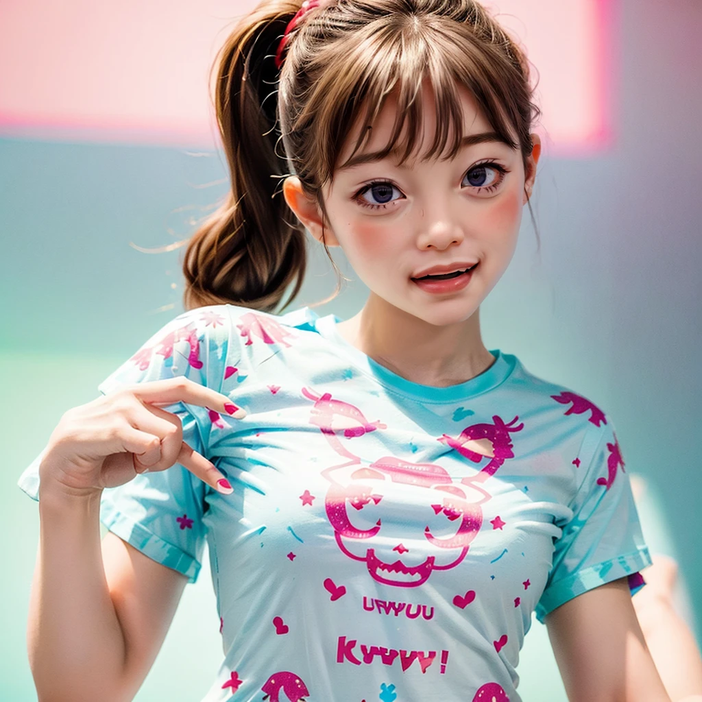 White and Bright Red, (Masterpiece 8K TopQuality:1.2) (ProfessionalPhoto:1.37) ExtremelyDetailed (((T-shirt with PUNIPUNI KAWAII girl Printed on it:1.4)with
"SUPER BITCH" Logo )) glowing body