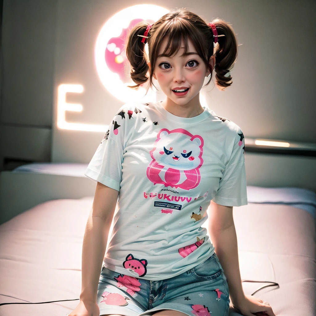 White and Bright Red, (Masterpiece 8K TopQuality:1.2) (ProfessionalPhoto:1.37) ExtremelyDetailed (((T-shirt with PUNIPUNI KAWAII girl Printed on it:1.4)with
"SUPER BITCH" Logo )) glowing body
