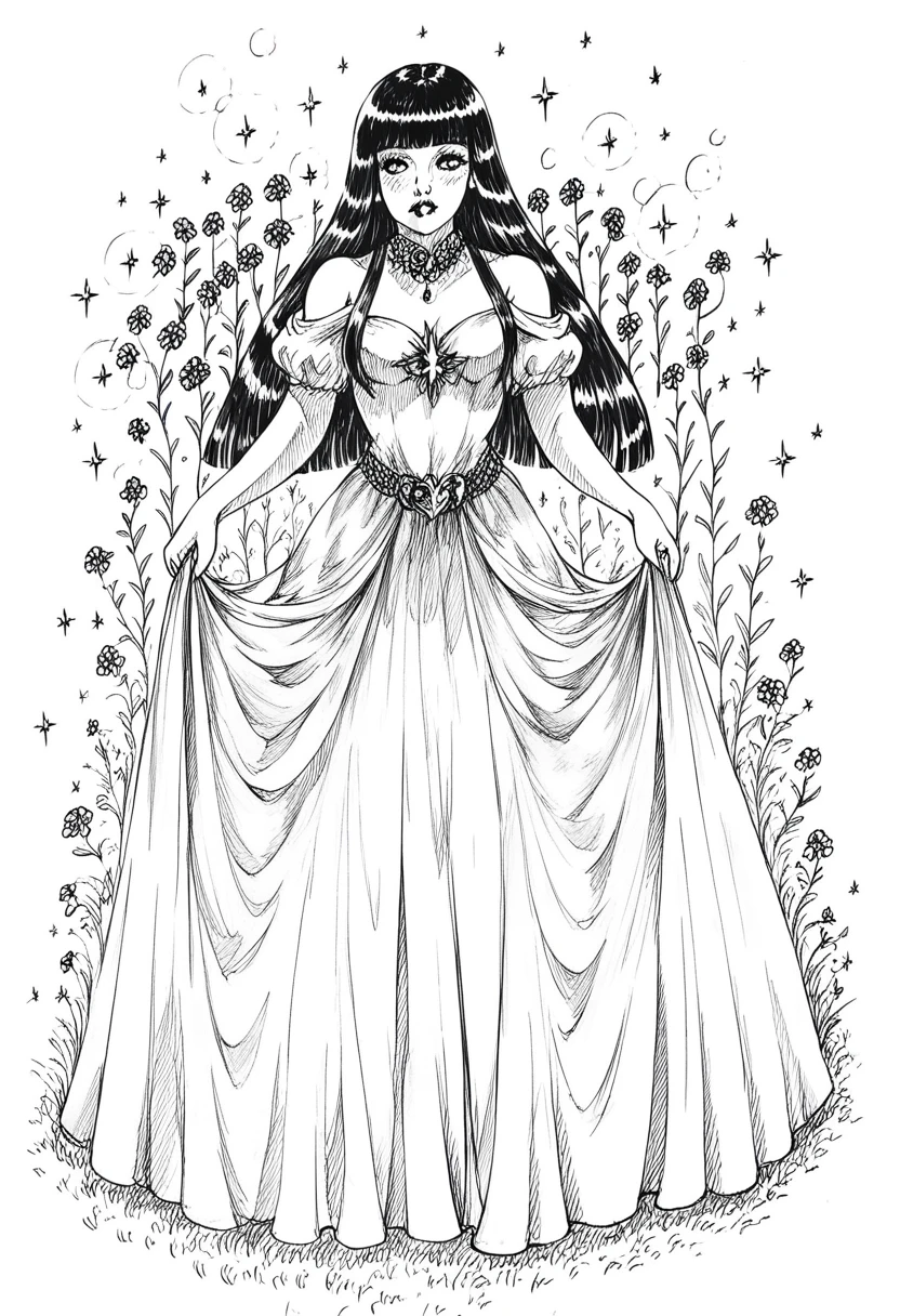 score_9, score_8_up, score_7_up, 1girl, sp1t, abundant detailed hatching shading, monochrome,best quality, high resolution, hyperdetailed,  blunt bangs, straight hair, hime cut, a princess, long dress, 