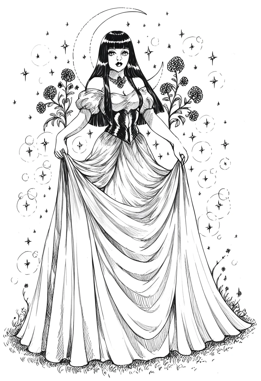 score_9, score_8_up, score_7_up, 1girl, sp1t, abundant detailed hatching shading, monochrome,best quality, high resolution, hyperdetailed, blunt bangs, straight hair, hime cut, a princess, long dress,