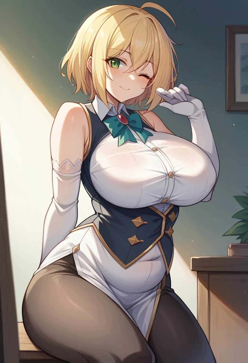 （One girl）、(short hair)、(sidelock)、((Blonde))、Princess Connect、((boyish))、huge breasts、Chubby、(beautiful girl)、[Big thighs]、Green Eyes、(Healer)、Black Vest、black leggings、White sleeveless、hairs between eyes、(long gloves)、closed mouth、wink、((see-through))、arm behind back