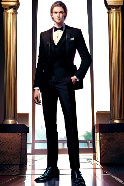 monkey with tuxedo, smile , HD resolution, 8K , tall , 189cm. black shoes,