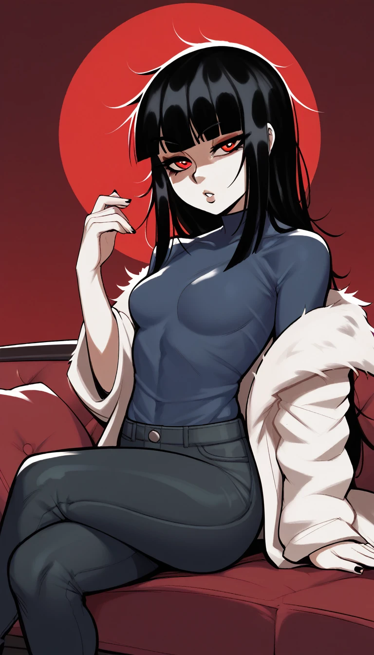 score_9, score_8_up, score_7_up, score_6_up, score_5_up, score_4_up, BREAK 1girl, black hair, messy hair, red eyes, seductive expression, blunt bangs, short, BREAK solo, small breasts, skinny, arched back, thigh gap, shrine maiden, white fur coat, innocent, lovely, adorable, long hair, hair covering one eye, dark mage, fully clothed, hibakama pants, hakui shirt, yakuza, bedroom background, sitting on sofa with legs crossed,