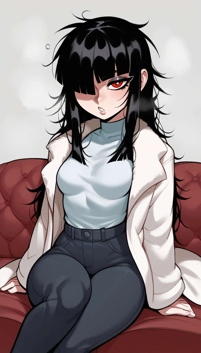 score_9, score_8_up, score_7_up, score_6_up, score_5_up, score_4_up, BREAK 1girl, black hair, messy hair, red eyes, seductive expression, blunt bangs, short, BREAK solo, small breasts, skinny, arched back, thigh gap, shrine maiden, white fur coat, innocent, lovely, adorable, long hair, hair covering one eye, dark mage, fully clothed, hibakama pants, hakui shirt, yakuza, bedroom background, sitting on sofa with legs crossed,