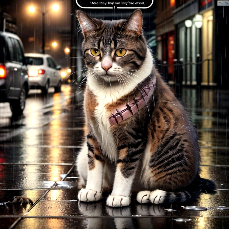 create an image of a very hungry and injured cat with visible hurting scars, sitting in the rain on a wet city street. The cat is very sad . The background shows a group of humans laughing at him. atmosphere is dramatic and touching, highlighting the harmful situation. there is a bowl with very little food in front of the skinny cat. very realistic image