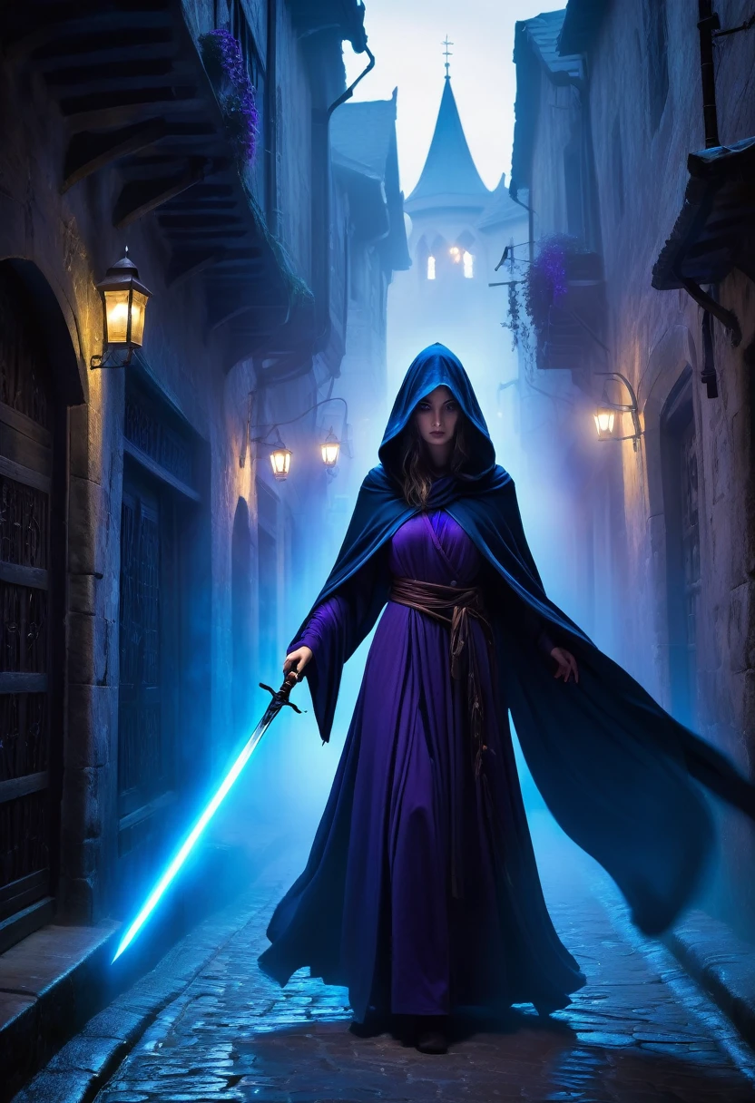 "A dark and mysterious scene set in a foggy, narrow alley of an ancient city. In the foreground, a female figure cloaked in a flowing, dark hooded robe stands with a glowing blue, ethereal sword. Her face is partially hidden by the hood, with long, flowing hair cascading down. The sword emits a powerful, magical blue aura. In the background, several shadowy figures with glowing purple eyes and similar cloaks are visible, adding to the eerie and mystical atmosphere. The setting is medieval, with old buildings lining the street and banners hanging above. The overall mood is tense and magical, with an air of secrecy and impending confrontation."