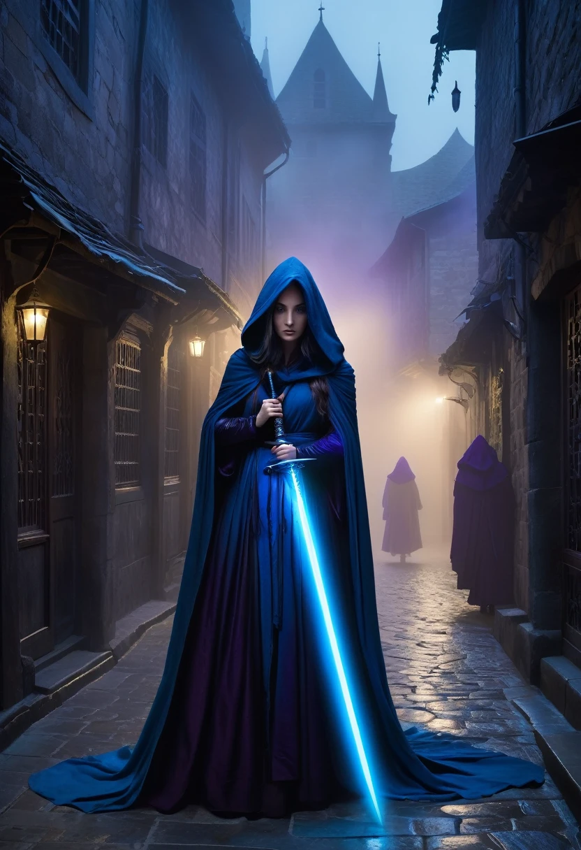 "A dark and mysterious scene set in a foggy, narrow alley of an ancient city. In the foreground, a female figure cloaked in a flowing, dark hooded robe stands with a glowing blue, ethereal sword. Her face is partially hidden by the hood, with long, flowing hair cascading down. The sword emits a powerful, magical blue aura. In the background, several shadowy figures with glowing purple eyes and similar cloaks are visible, adding to the eerie and mystical atmosphere. The setting is medieval, with old buildings lining the street and banners hanging above. The overall mood is tense and magical, with an air of secrecy and impending confrontation."