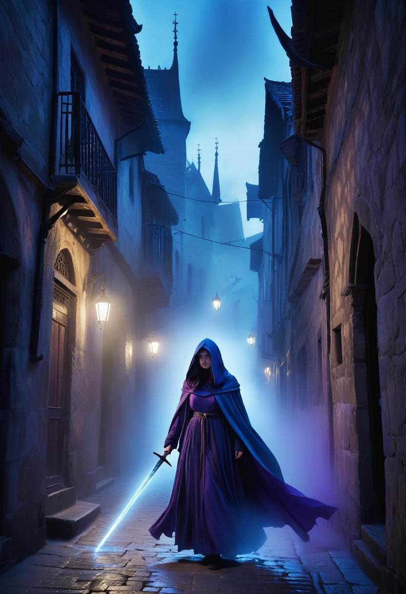 "A dark and mysterious scene set in a foggy, narrow alley of an ancient city. In the foreground, a female figure cloaked in a flowing, dark hooded robe stands with a glowing blue, ethereal sword. Her face is partially hidden by the hood, with long, flowing hair cascading down. The sword emits a powerful, magical blue aura. In the background, several shadowy figures with glowing purple eyes and similar cloaks are visible, adding to the eerie and mystical atmosphere. The setting is medieval, with old buildings lining the street and banners hanging above. The overall mood is tense and magical, with an air of secrecy and impending confrontation."