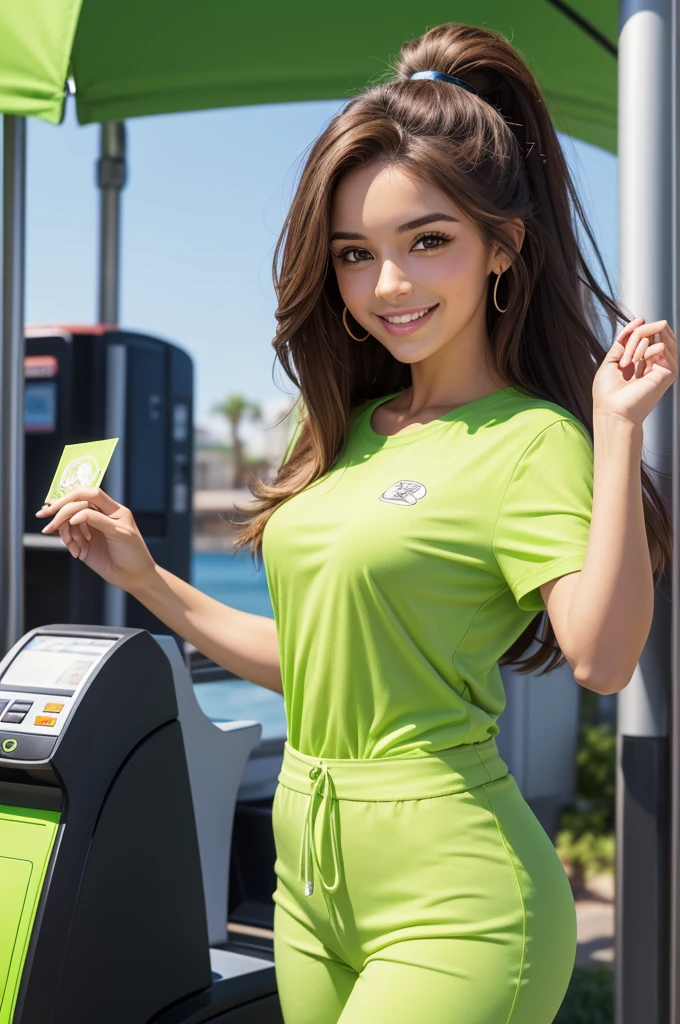 A woman with fair skin, with brown eyes and long brown hair, com um sorriso encantador, dressed in a lime green shirt, in hand a card machine, in the style of Disney animation