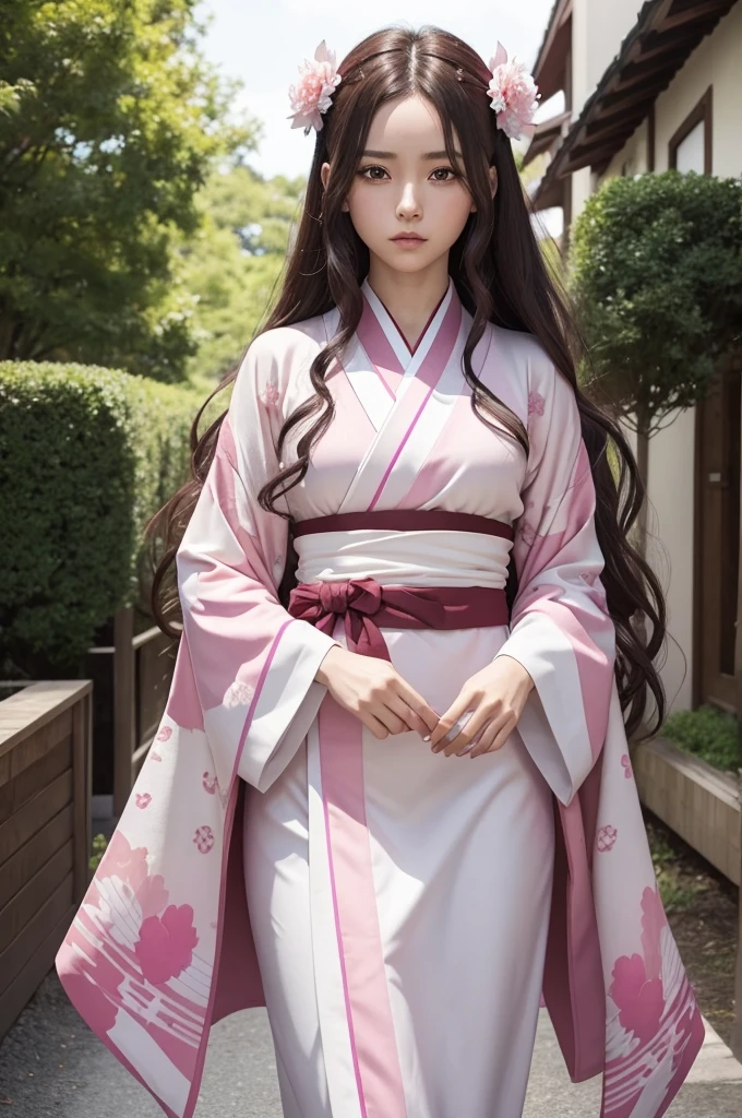 Demon Slayer screenshot of a woman with white skin, dark brown eyes and long, curly brown hair. She is wearing a pink and white kimono with a pink and white katana with some heart details. The character must appear in full on the cover. Ufotable studios season 1 screenshot.