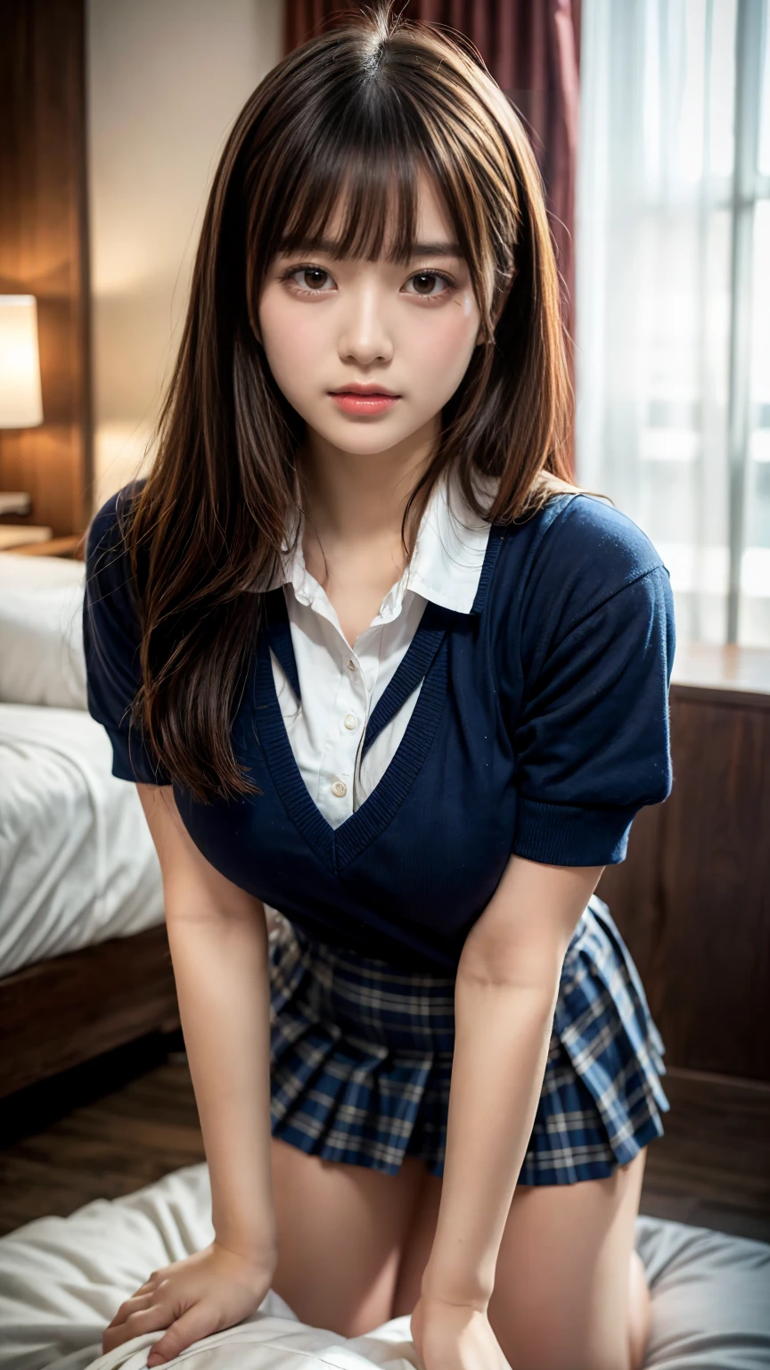 masterpiece, Best Quality, 8K, 20 yo, huge breasts, cuddly, Solo, sad, Cute, Girly, Delicate girl, Neat and clean beauty, Raw photo, Professional Photography, Portrait, Soft light, Professional Lighting, Back lighting, Upper body, front view, (on all fours, hotel room), Sophisticated, Film grain, (Eyes and faces with detailed:1.0), short length floating hair, beautiful flowing hair, bangs, High school girl uniform、Super Short Check Uniform Skirt、Navy blue high socks, Colossal tits、Don't expose it, expresses the roundness and softness of your chest., Protruding big, Erotic shorts, Standing Elegantly、Voluptuous thighs