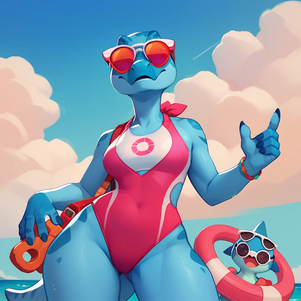 a triceratops dinosaur, female, in a swimsuit, sky blue skin color, pink and white wild buoy, wearing sunglasses