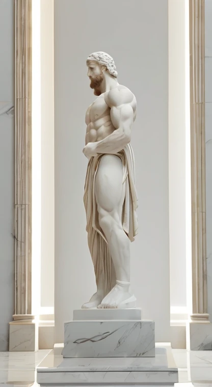 Design a powerful white light backdrop featuring mesmerizing white marble sculptures of wise, muscular figures from Greek mythology. Sculptures should embody strength, wisdom, And its realistic marble texture arouses interest., Showing off his prominent biceps and commanding beard. To add a classic touch, Include elegant marble Greek columns in the background. The overall design iust evoke a sense of motivation and inspiration, drawing viewers into the captivating world of ancient wisdom and artistry. matic