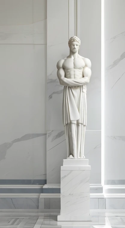 Design a powerful white light backdrop featuring mesmerizing white marble sculptures of wise, muscular figures from Greek mythology. Sculptures should embody strength, wisdom, And its realistic marble texture arouses interest., Showing off his prominent biceps and commanding beard. To add a classic touch, Include elegant marble Greek columns in the background. The overall design iust evoke a sense of motivation and inspiration, drawing viewers into the captivating world of ancient wisdom and artistry. matic