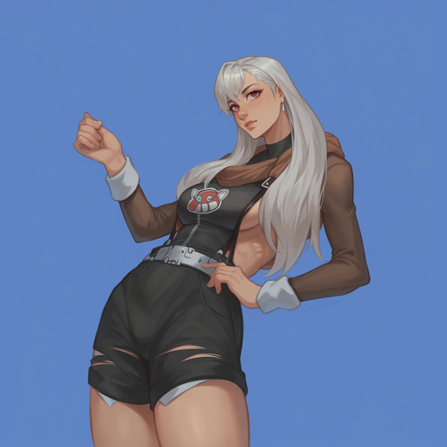 a woman in a short black dress and a brown jacket is standing, Tifa Lockhart with gray hair, character from king of fighters, high quality fanart, High resolution fee, kda, full-length short film portrait!, Portrait of Tifa Lockhart, very detailed exquisite fanart, drawn in an anime artist's studio, fully dressed. picture of sexuality, anime style character