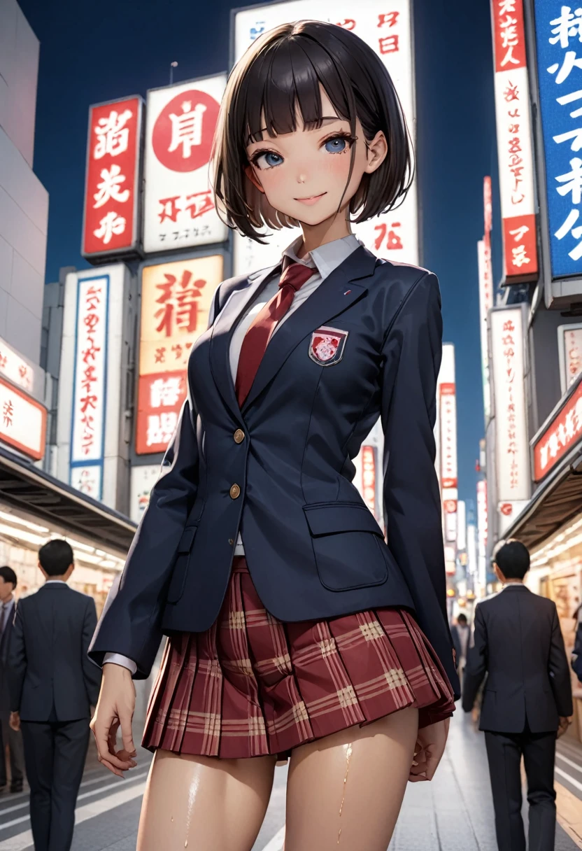 ((masterpiece,Highest quality:1.3,best quality illustration)),cowboy shot,1woman、独奏,16-year-old Japan beauty,((very small head:1.2)),short bob hair,blunt bangs,black hair,black eyes,gorgeous eyes,blush,smile,medium breasts,((very long body)),(School uniform,Navy blue blazer、Red tie、White Shirt、Navy blue pleated mini skirt),(toned body,slender body,skinny),gleaming skin,shiny skin,oily skin,standing,Shibuya Station、Tokyo