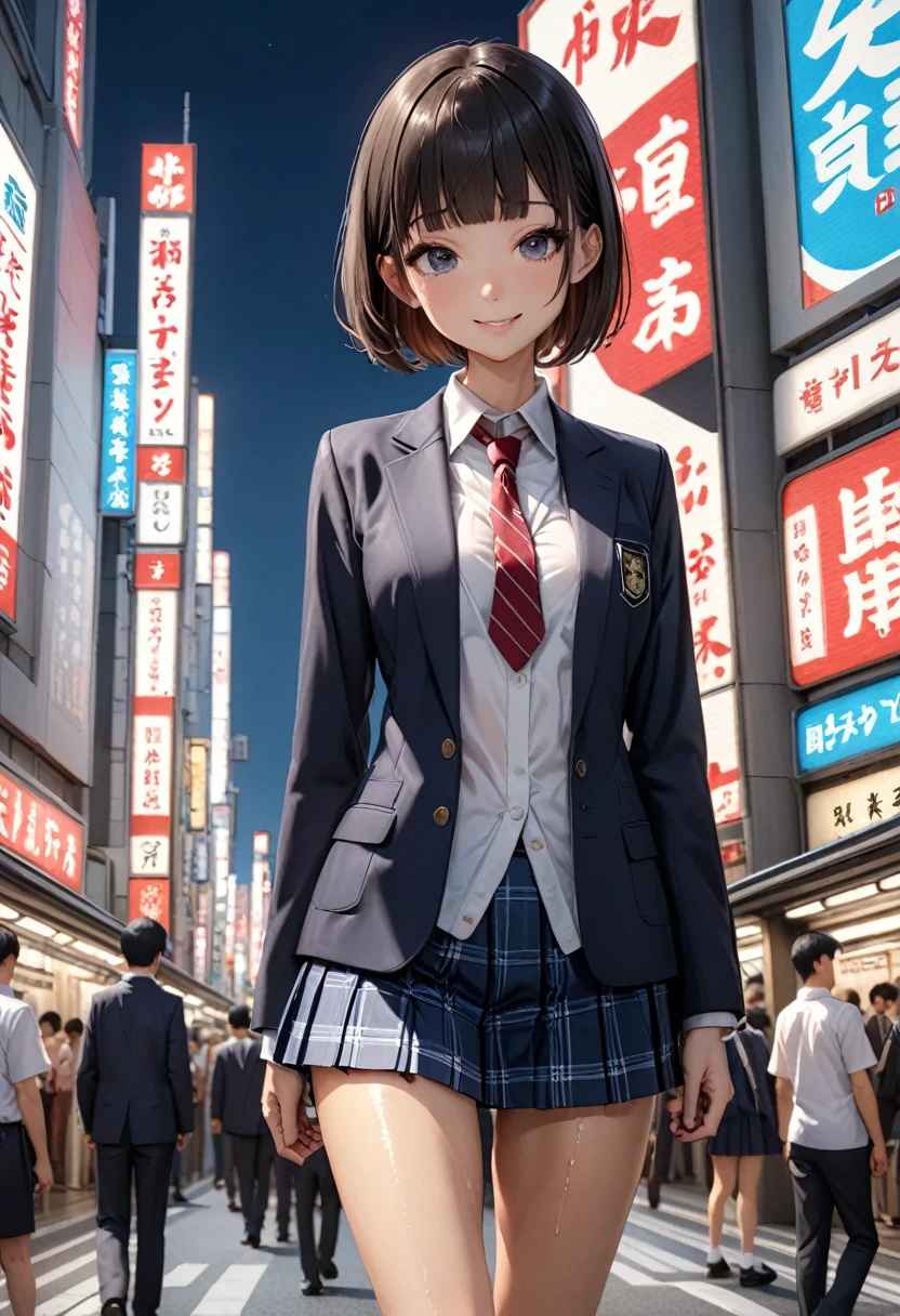 ((masterpiece,Highest quality:1.3,best quality illustration)),cowboy shot,1woman、独奏,16-year-old Japan beauty,((very small head:1.2)),short bob hair,blunt bangs,black hair,black eyes,gorgeous eyes,blush,smile,medium breasts,((very long body)),(School uniform,Navy blue blazer、Red tie、White Shirt、Navy blue pleated mini skirt),(toned body,slender body,skinny),gleaming skin,shiny skin,oily skin,standing,Shibuya Station、Tokyo