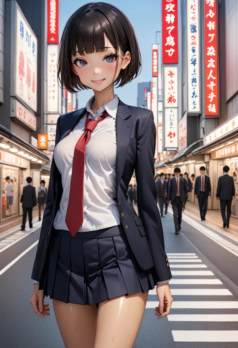((masterpiece,Highest quality:1.3,best quality illustration)),cowboy shot,1woman、独奏,16-year-old Japan beauty,((very small head:1.2)),short bob hair,blunt bangs,black hair,black eyes,gorgeous eyes,blush,smile,medium breasts,((very long body)),(School uniform,Navy blue blazer、Red tie、White Shirt、Navy blue pleated mini skirt),(toned body,slender body,skinny),gleaming skin,shiny skin,oily skin,standing,Shibuya Station、Tokyo