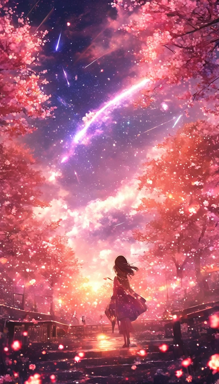 masterpiece, Concept Art, Panorama, in the center, shape, Wide Shot, garden, night, (meteor), Space galaxy background, (Great composition, Epic scale), Dynamic Lighting, Bright colors, cherry blossoms,1 Girl,