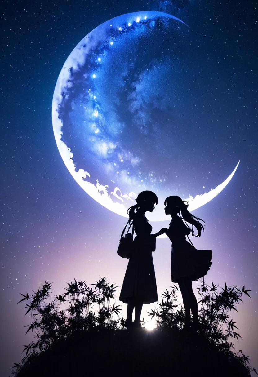  mate piece, silhouette, Milky Way, Orihime's, logo, monotony, moon, double exposure, Milky Way, bamboo decoration, depth of field, (holographic glow effect), from below, low angle shot, masterpiece,