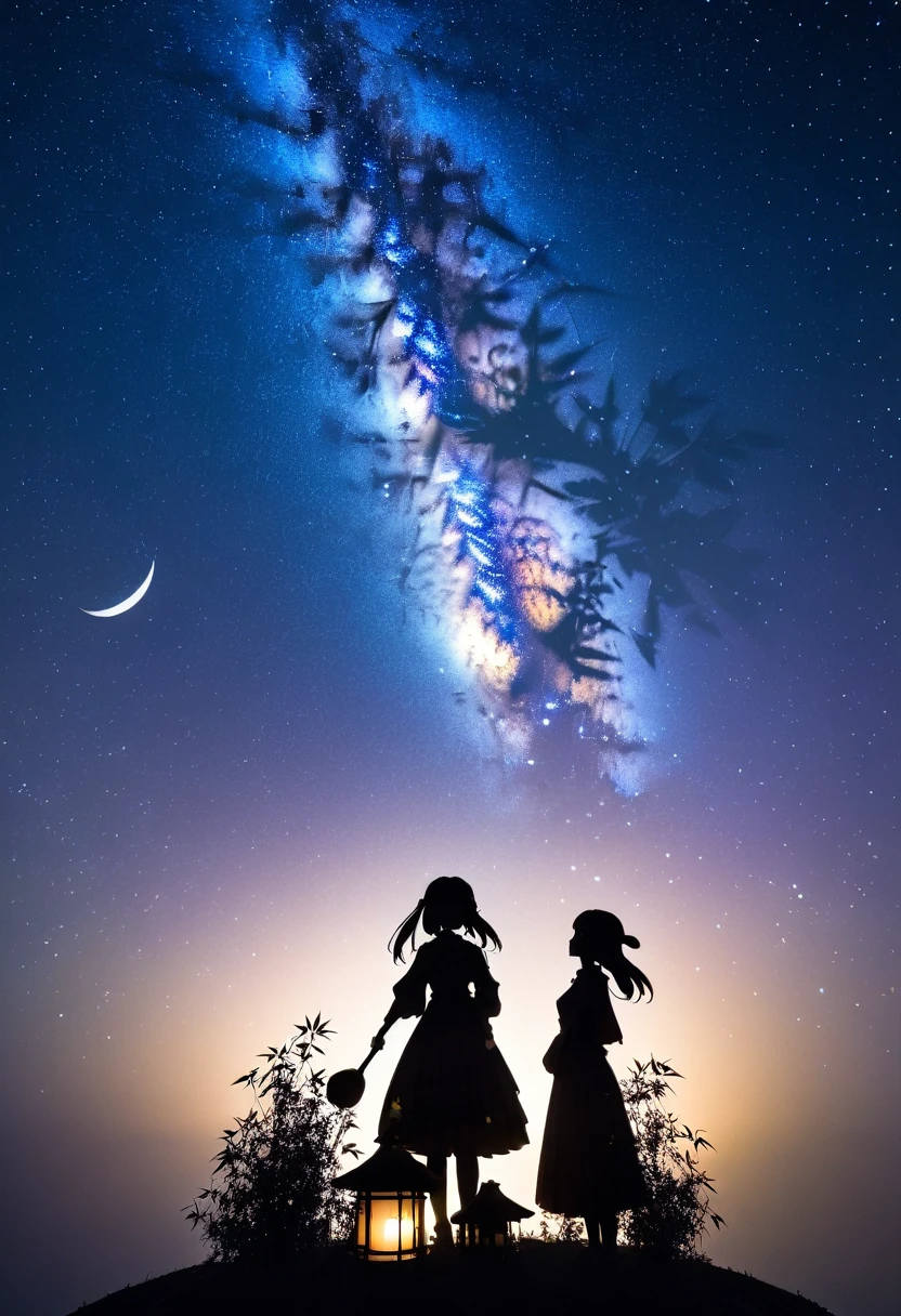  mate piece, silhouette, Milky Way, Orihime's, logo, monotony, moon, double exposure, Milky Way, bamboo decoration, depth of field, (holographic glow effect), from below, low angle shot, masterpiece,