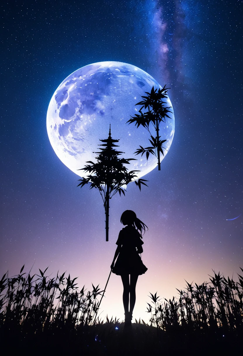 mate piece, silhouette, Milky Way, Orihime's, logo, monotony, moon, double exposure, Milky Way, bamboo decoration, depth of field, (holographic glow effect), from below, low angle shot, masterpiece,
