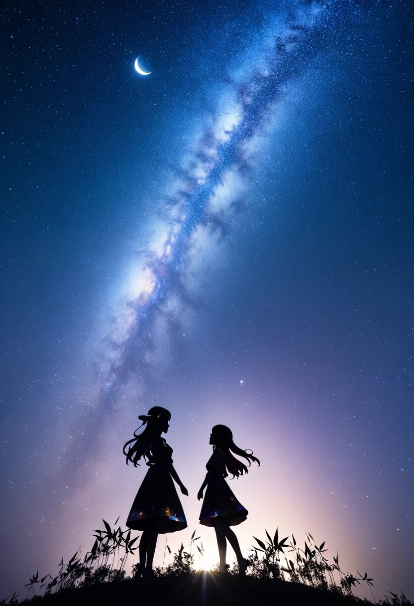  mate piece, silhouette, Milky Way, Orihime's, logo, monotony, moon, double exposure, Milky Way, bamboo decoration, depth of field, (holographic glow effect), from below, low angle shot, masterpiece,