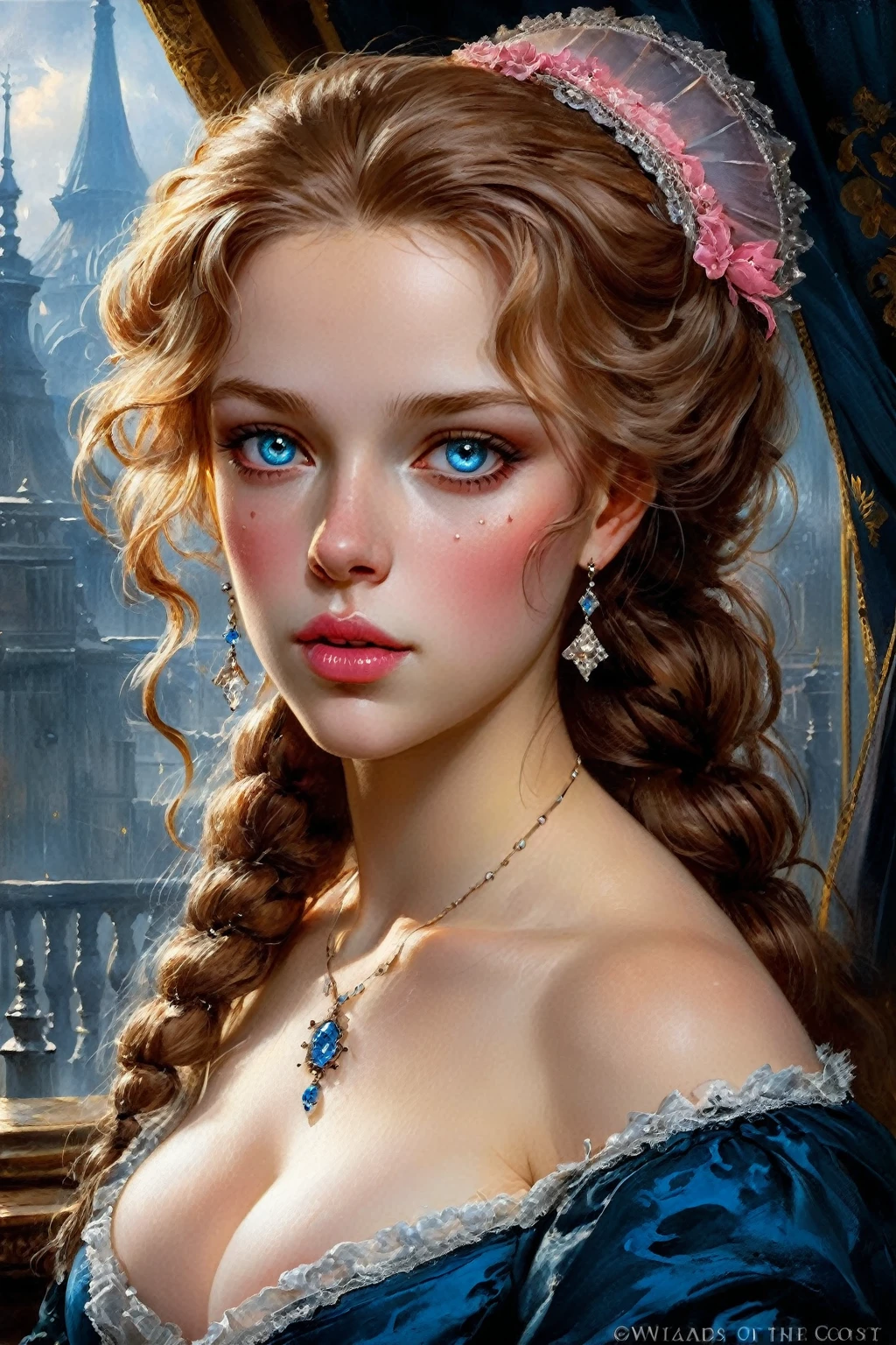 Victorian French Women of the 18th century, very detailed Bright Hazel hair, Pink lips, very detailed skin, Nice features, Wadim Kashin, James Gurney, ink, Splash Art, Amazing beauty, Royo, after sexing, Super detailed splash art modern European oil ink painting, Mid Gorgeous chests, Gorgeous Body, oil painting, very detailed Bright Diamond Blue eyes, Blush, Greg Rutowski, no extra head:1.4.