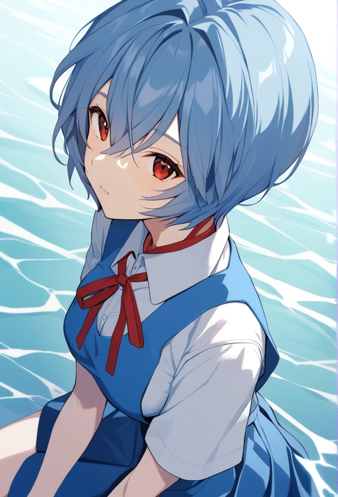 1girl, ayanami rei, solo, red eyes, short hair, , red ribbon, hair between eyes, neck ribbon, looking at viewer, blue hair, ribbon, white shirt, shirt, closed mouth, bangs, tokyo-3 middle , from above, skirt, short sleeves, blue skirt, partially submerged, collared shirt, medium quality, late, Humeda, camiseta argentina