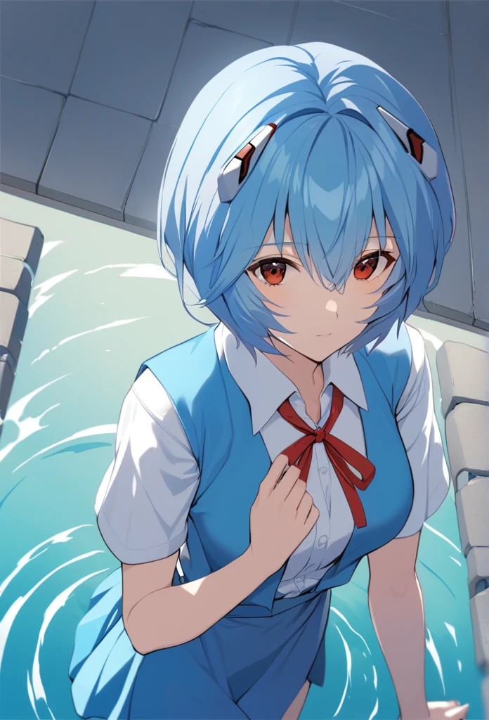 1girl, ayanami rei, solo, red eyes, short hair, , red ribbon, hair between eyes, neck ribbon, looking at viewer, blue hair, ribbon, white shirt, shirt, closed mouth, bangs, tokyo-3 middle , from above, skirt, short sleeves, blue skirt, partially submerged, collared shirt, medium quality, late, Humeda, camiseta argentina