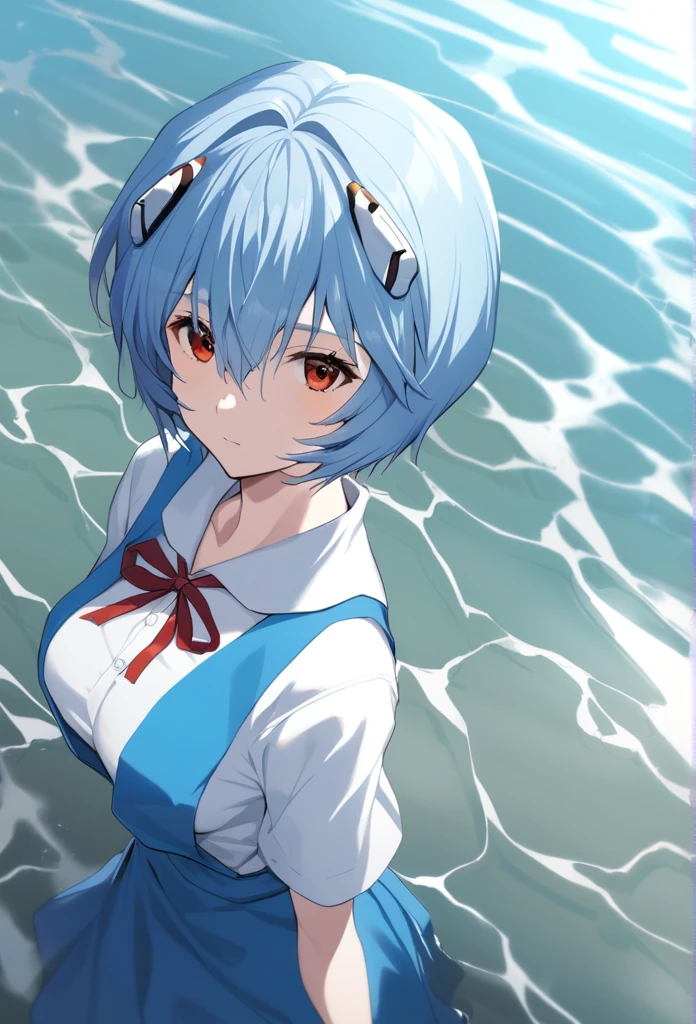 1girl, ayanami rei, solo, red eyes, short hair, , red ribbon, hair between eyes, neck ribbon, looking at viewer, blue hair, ribbon, white shirt, shirt, closed mouth, bangs, tokyo-3 middle , from above, skirt, short sleeves, blue skirt, partially submerged, collared shirt, medium quality, late, Humeda, camiseta argentina